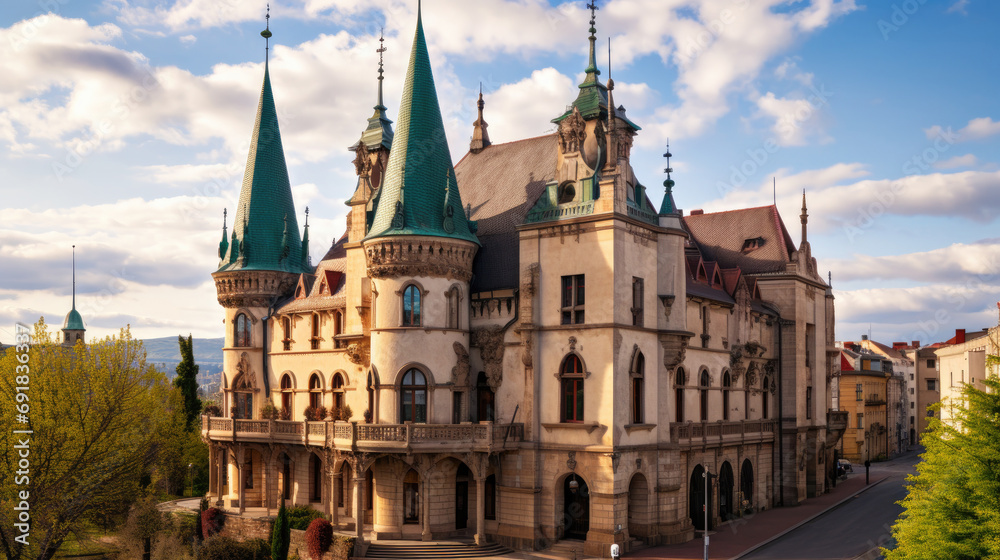 city castle and charles bridge, neo-gothic Jakab's palace in Kosice, Slovakia.3d illustration