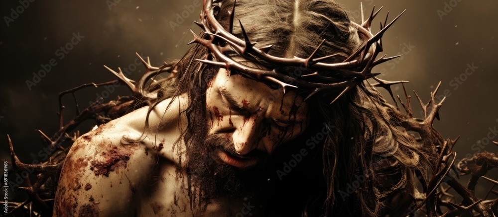 Jesus Christ, harmed and bloody with thorny crown, portrayed in sepia. - obrazy, fototapety, plakaty 