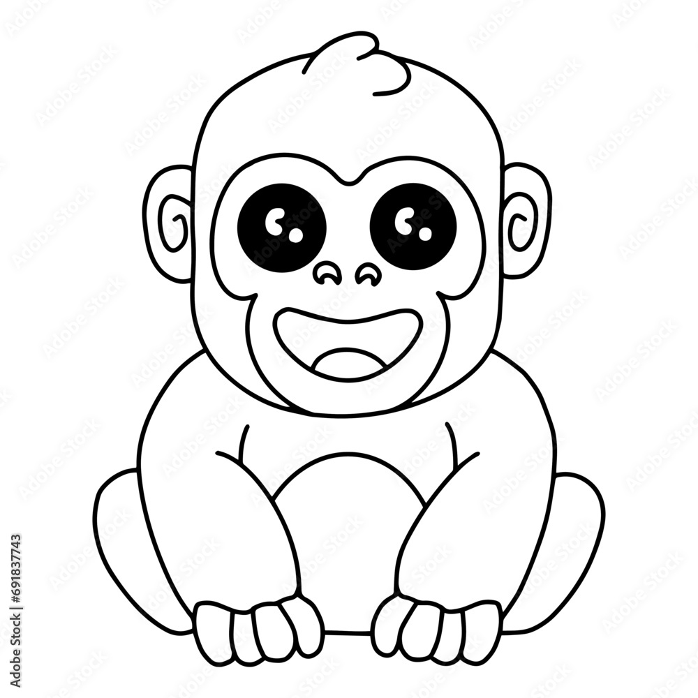 Cute gorilla wild safari african animals for kids, outline children