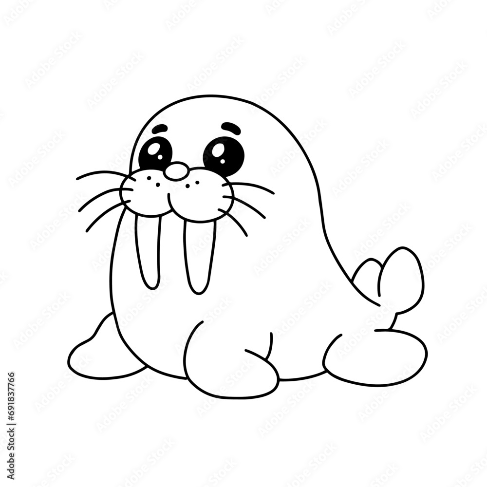 Cute walrus wild safari african animals for kids, outline children