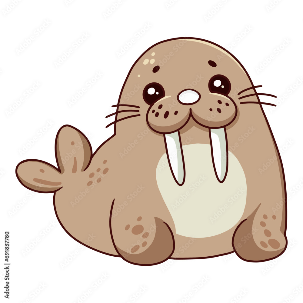 Cute walrus wild safari african animals for kids, children clipart, coloring page vector illustration