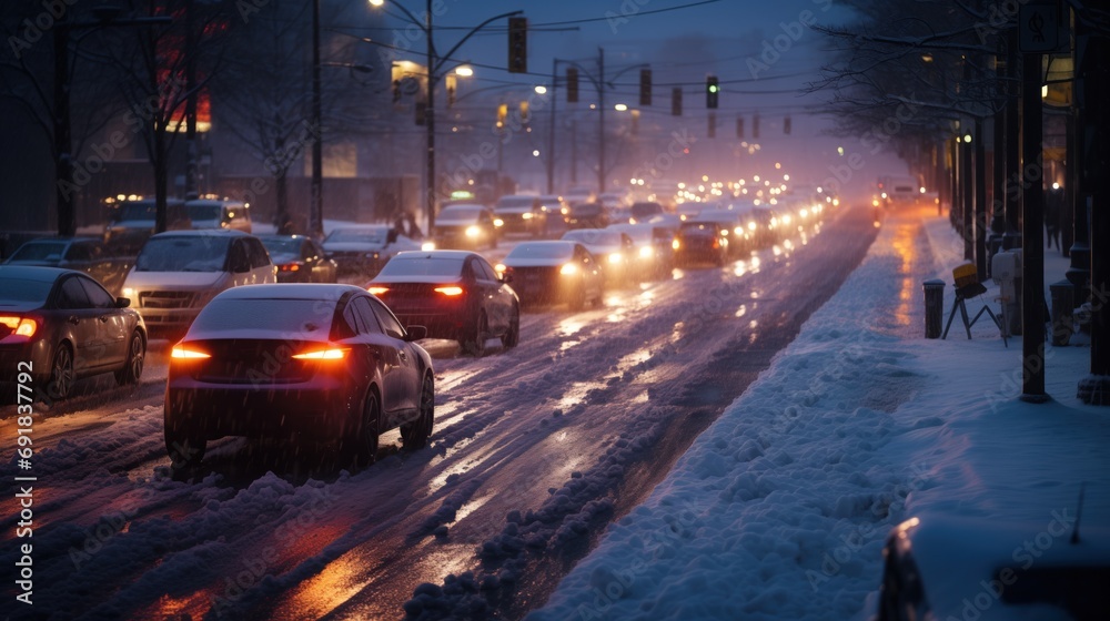 a winter evening in the city, with heavy snowfall creating a blanket over the vehicles and the road. A line of cars with headlights and taillights on is visible, indicating slow-moving traffic.