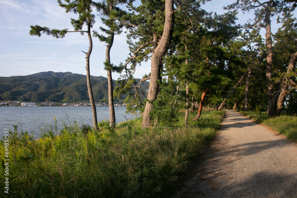 Amanohashidate, Japan; 1st October 2023: Views of the sandbar is located in Miyazu Bay in northern Kyoto Prefecture. Amanohashidate, Japan; 1st October 2023: Views of the sandbar is located in Miyazu Bay in northern Kyoto Prefecture.