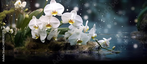 background of a picturesque nature scene during the vibrant spring  a white floral beauty stood out among the black plants  captivating everyones attention with its mesmerizing night blooming the