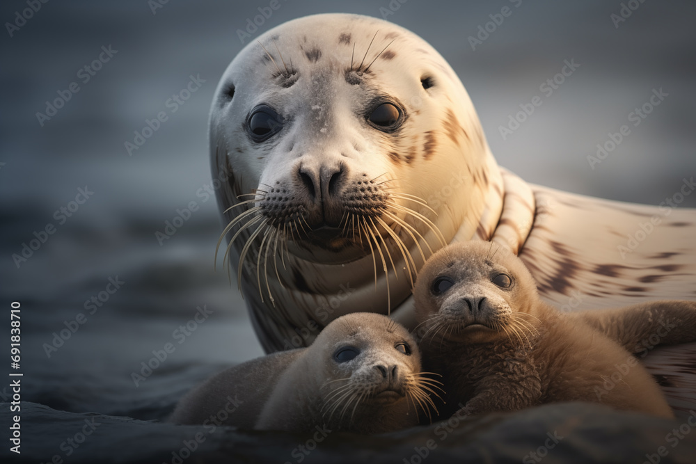 A mother seal with 2 seal pups A mother seal with 2 seal pups