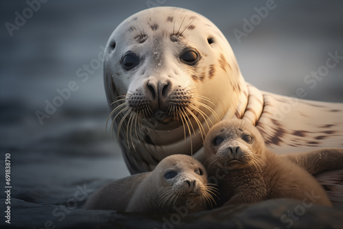 A mother seal with 2 seal pups © artefacti