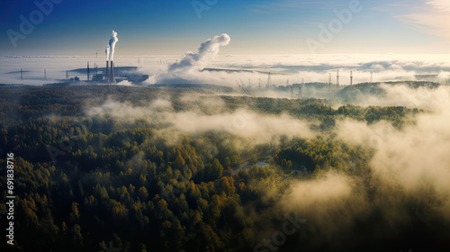 misty morning fog with  industry , misty landscape from above with you on the power station