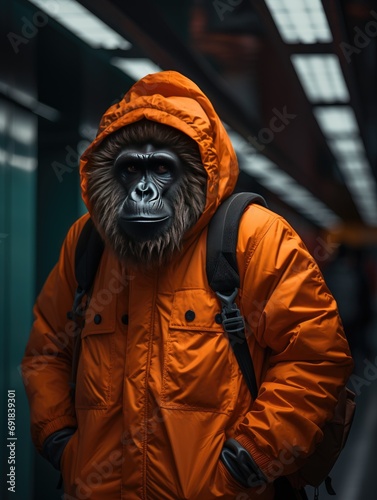 Gorilla gue in an orange zoo suit walk at night in city