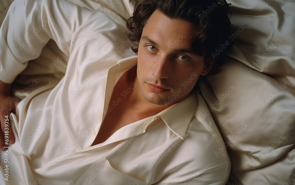 A cute fair-skinned 30-year-old guy in fair plain silk pajamas lies on the bed. Awesome model taking a break. Good mood night bedtime concept. A cute fair-skinned 30-year-old guy in fair plain silk pajamas lies on the bed. Awesome model taking a break. Good mood night bedtime concept.