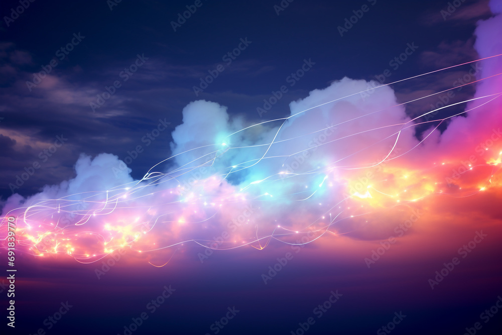 Graphic resources, festive concept. Glowing neon string surreal colorful garlands in clouds foggy dark background with copy space. Vivid glowing colors, wave or light trail painting pattern - obrazy, fototapety, plakaty 