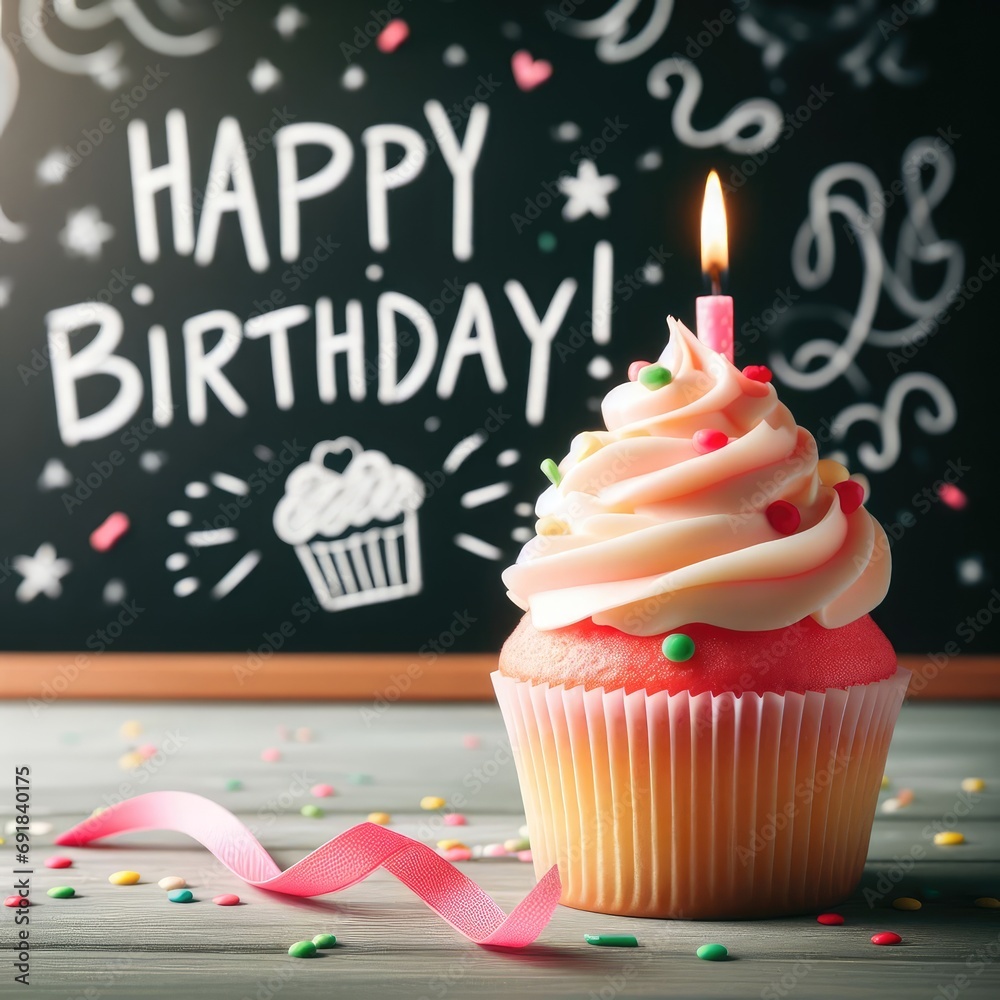 Birthday cupcake in front of a chalkboard. words HAPPY BIRTDAY!!! on chalk board. Birthday cupcake in front of a chalkboard. words HAPPY BIRTDAY!!! on chalk board.