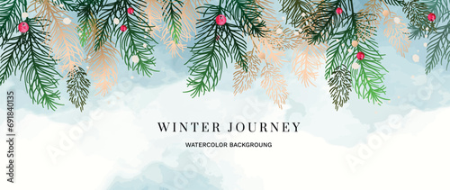 Winter background vector. Hand painted watercolor and gold brush texture, pine leaves, berry hand drawing. Abstract art design for wallpaper, wall art, cover, wedding. invite card.