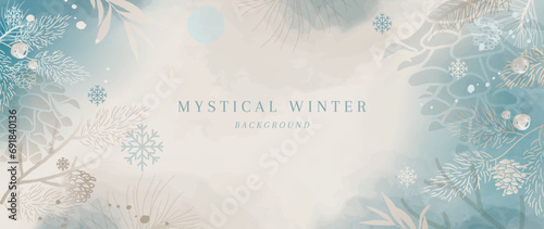 Winter background vector. Hand painted watercolor flower, botanical leaves, pinecone, snowflakes hand drawn. Abstract art design for wallpaper, wall arts, cover, wedding and invite card.