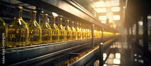 View of factory making vegetable oil and bottles being transported on conveyor.