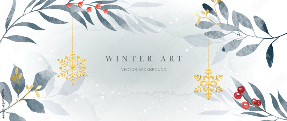 Winter background vector. Hand painted watercolor and gold brush texture, holly, botanical leaves, snowflake hand drawing. Abstract art design for wallpaper, wall art, cover, wedding. invite card.