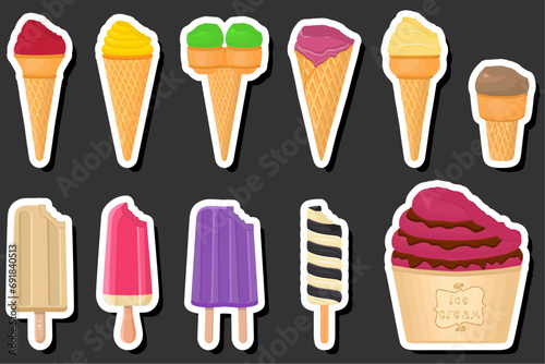 Illustration on theme big kit ice cream popsicle different types in cone waffle cup