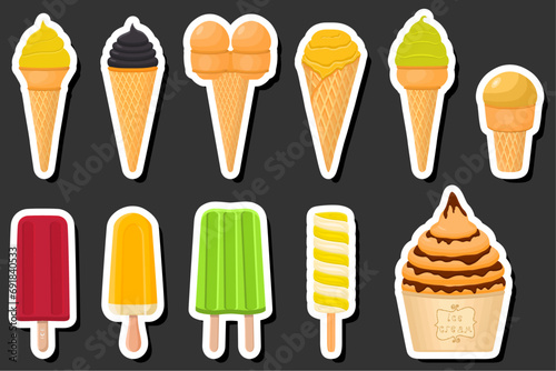 Illustration on theme big kit ice cream popsicle different types in cone waffle cup
