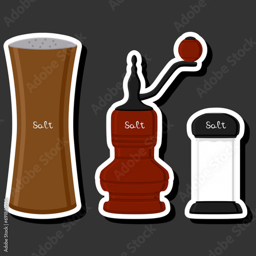 Illustration on theme big set different types ware filled salt for organic cooking