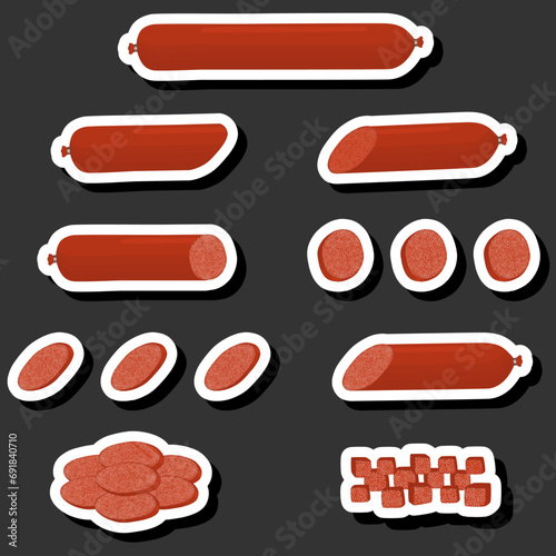 Illustration on theme big set different types delicatessen meat sausages