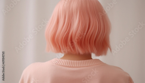 Rear view of a person with a soft peach-pink bob haircut on a neutral background.