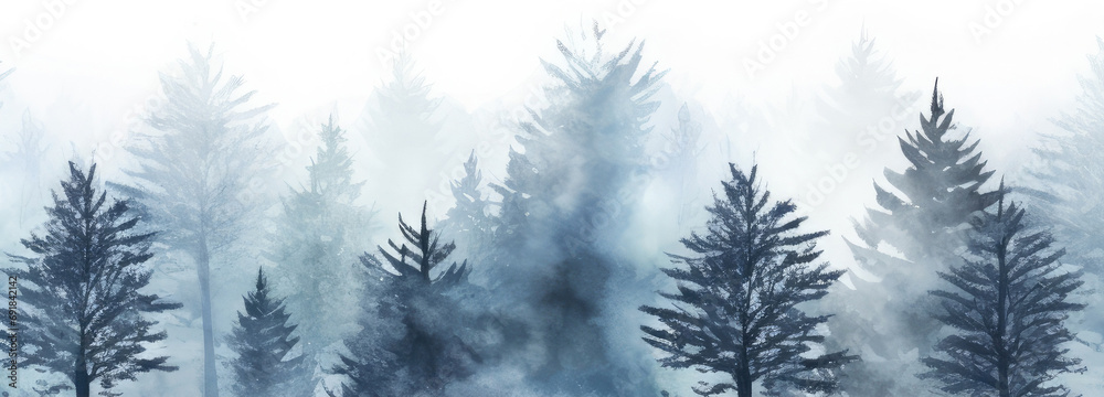 Obraz premium forest in the fog watercolor. watercolor seamless pattern with blue trees in the misty forest. Hand painted illustration,