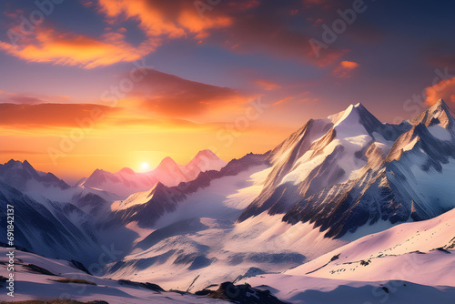 A striking mountain range with snow-capped peaks and a spectacular sky at sunset