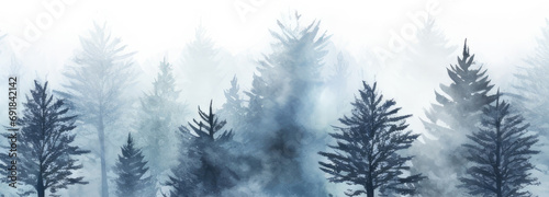 forest in the fog watercolor. watercolor seamless pattern with blue trees in the misty forest. Hand painted illustration,  © Planetz
