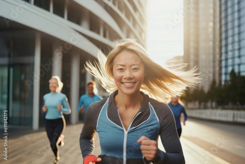 Young blonde woman in sports attire runs joyfully through urban street with others, radiating energy and positivity