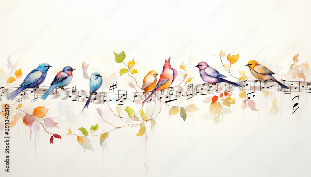 Create a drawing featuring various bird species perched on musical notes or staff lines, creating a harmonious composition