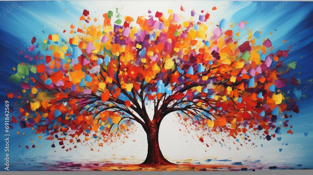 isolated tree art pieces paint the white canvas with their vibrant, captivating hues, creating a visually striking composition. - obrazy, fototapety, plakaty 