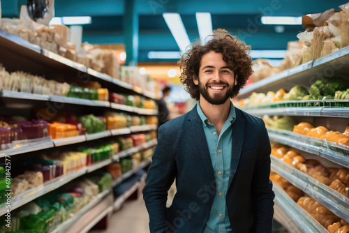 Young man with curly hair and a beard smiles in a grocery store aisle