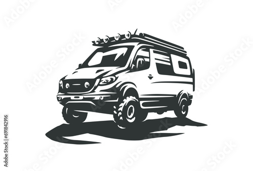 Offroad van RV vehicle on white background. Converted van for offroad expeditions.
