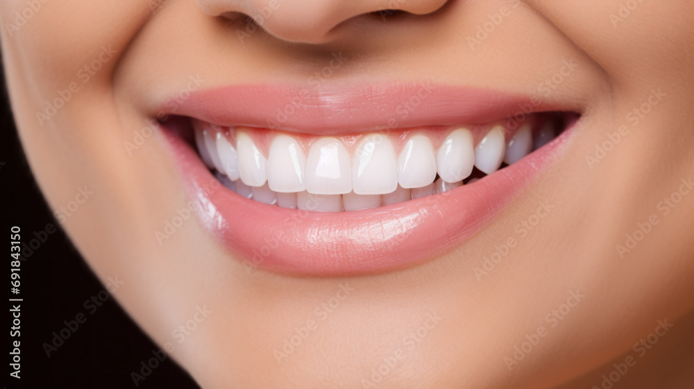 Obraz premium Beautiful female smile after teeth whitening procedure. Dental care. Dentistry concept.