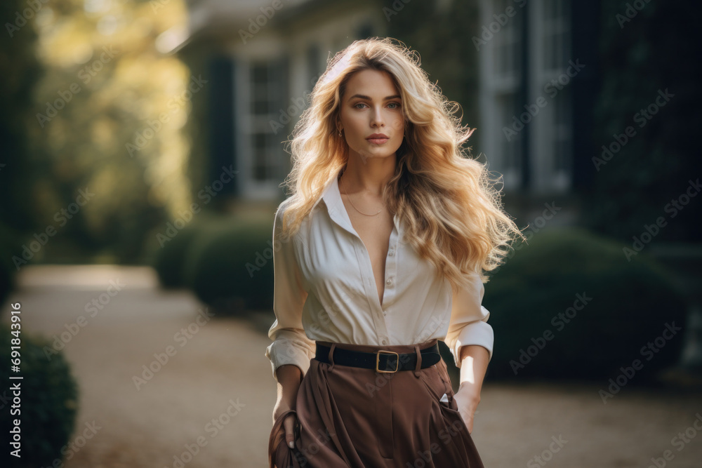 Young woman exuding sophistication and restraint, dressed in classic patterns, captures the essence of sustainable, long-lasting fashion in a stately manor setting.