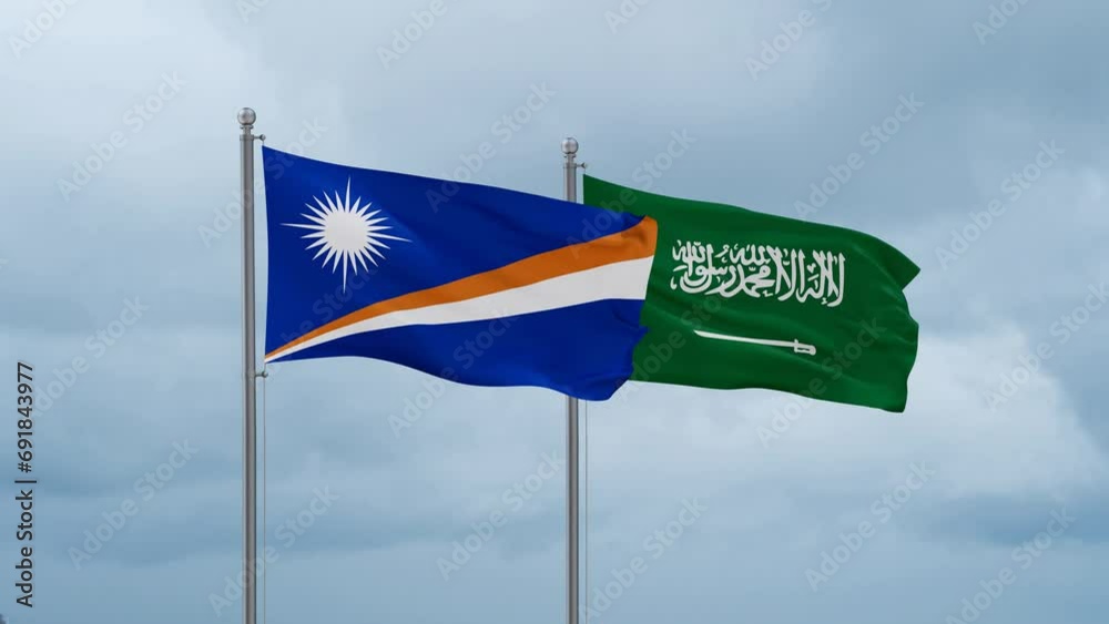 Marshall Islands and Saudi Arabia flags waving together on cloudy sky, endless seamless loop