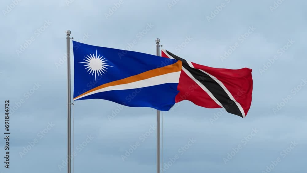 Trinidad and Tobago and Marshall Islands flag waving together on cloudy sky, endless seamless loop, two country cooperation concept Trinidad and Tobago and Marshall Islands flag waving together on cloudy sky, endless seamless loop, two country cooperation concept