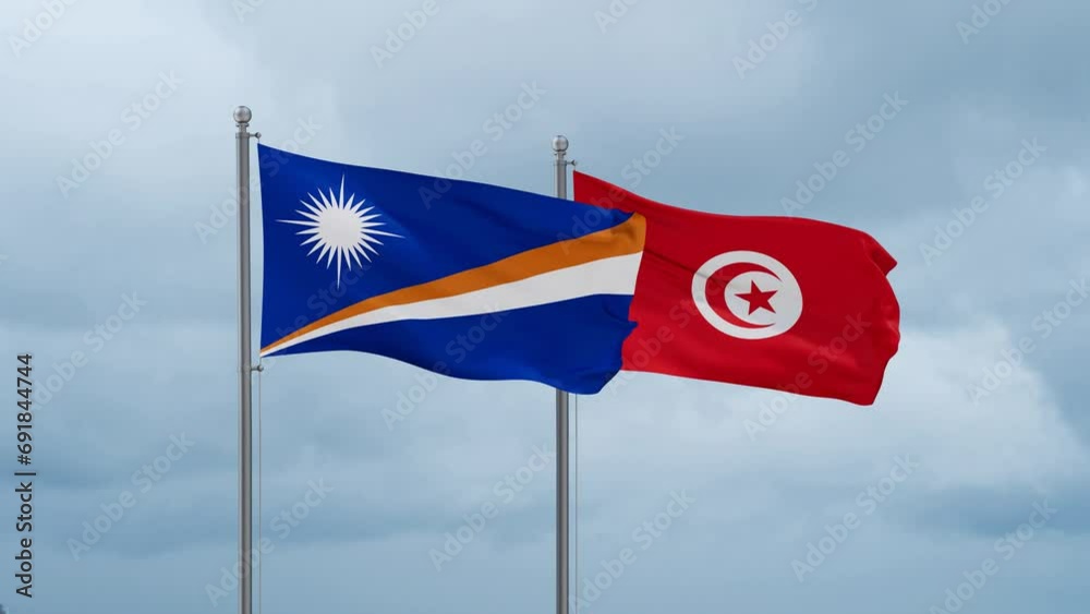 Tunisia and Marshall Islands flag waving together on cloudy sky, endless seamless loop, two country cooperation concept Tunisia and Marshall Islands flag waving together on cloudy sky, endless seamless loop, two country cooperation concept