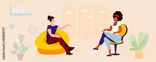 A woman interviews a man in a room with a window. Friendly conversation. Interior, room, yellow. Vector illustration.