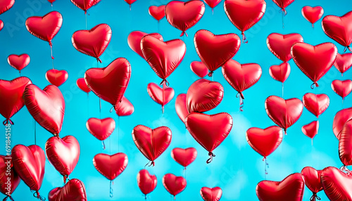 Red foil balloons in the shape of a heart on a blue background. Valentine's Day Celebration, Birthday, Mother's Day