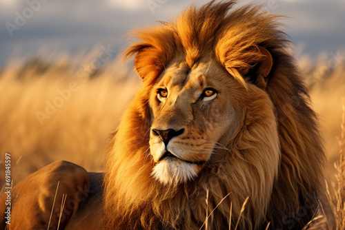 A majestic lion, its golden mane flowing in the breeze, surveying the savannah with a regal gaze. © Oleksandr