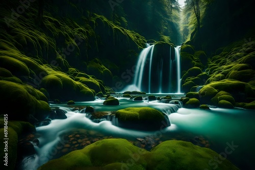 A mesmerizing view capturing a cascade of water flowing gracefully amidst vibrant  moss-covered mountain slopes.