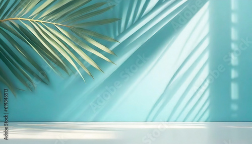 Blurred shadow from palm leaves on the light blue wall. Minimal abstract background for product presentation. Spring and summer. © New2023