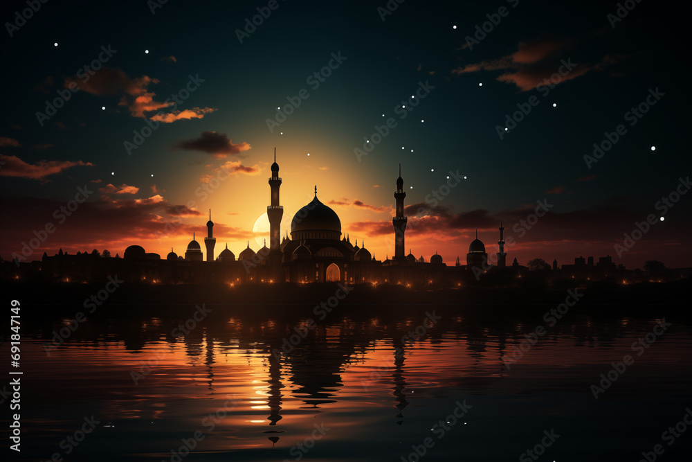 minimalist silhouette of a mosque against the backdrop of a crescent moon, creating a tranquil and spiritual scene for Ramadan, cinematic photo
