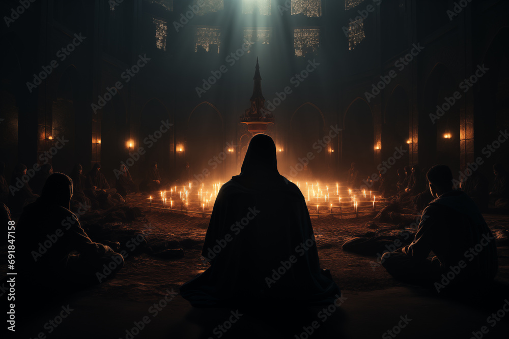 individuals in prayer, with minimalistic surroundings and soft lighting, conveying the introspective and spiritual essence of Ramadan, cinematic photo individuals in prayer, with minimalistic surroundings and soft lighting, conveying the introspective and spiritual essence of Ramadan, cinematic photo