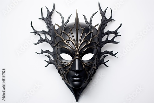 Black horned leather mask on white background. Enigmatical, mysterious symbolism. A theatrical mask. Costume of a theatre actor. Scenic. Theater. Artisan. Anonym. Theatre. Scary. Sacrifice. Fairy tale photo