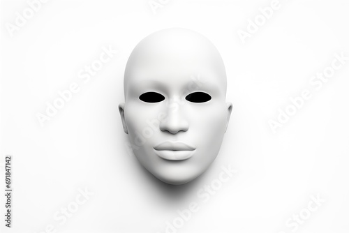 Eerie. 3d mask on a white background, isolated. White face, black yes. Paranoid vibes. Emotionless. Sleek. Design. Horror. Theater. Scary. Role. Riddle. Carnival. Acting. Disguise. Theatrical. Render