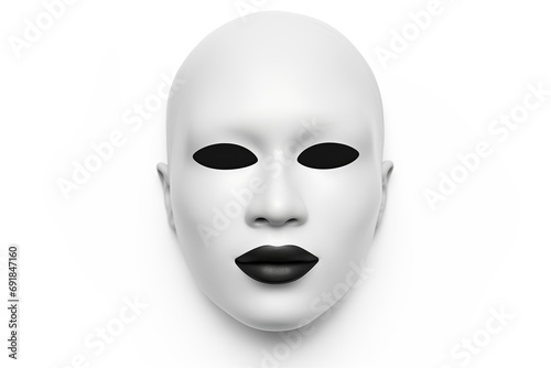 Sleek white mask on a white surface, isolated. White face, black lips and eyes. No pupils. Paranoid vibes. Sombre emotions. Design. Horror. Theater. Scary. Role. Riddle. Masquerade. Acting. Disguise