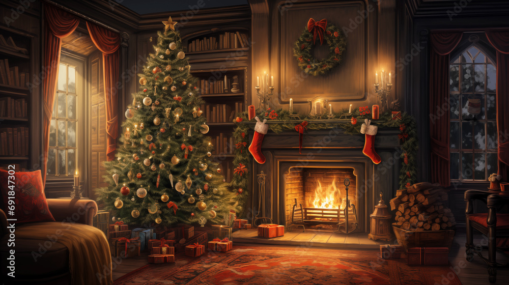 Christmas decorations in the cozy living room with fireplace for Xmas. Vintage style. Digital art
