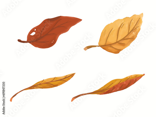 Set of dry fall autumn leaf watercolor illustration