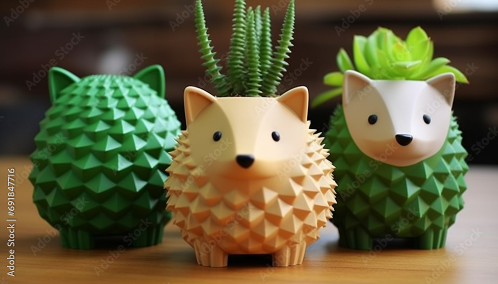 Create a series of 3D-printable plant pots in the shape of adorable pandas. These pots can be perfect for small plants like succulents or cacti